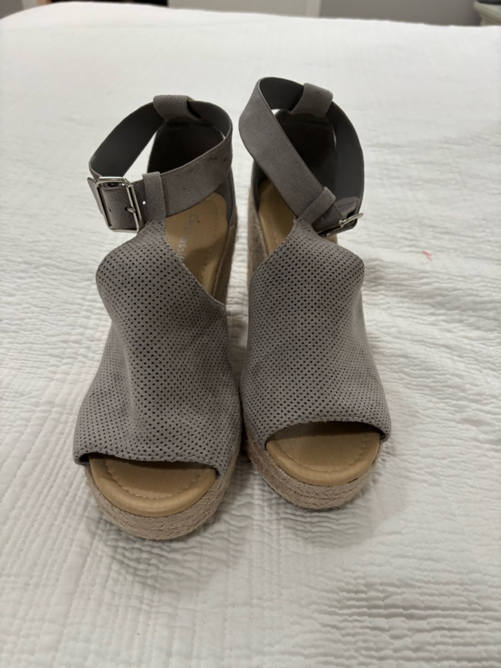 Cityclassified Perforated Light Gray Ankle-Strap Wedge Sandals Size 9